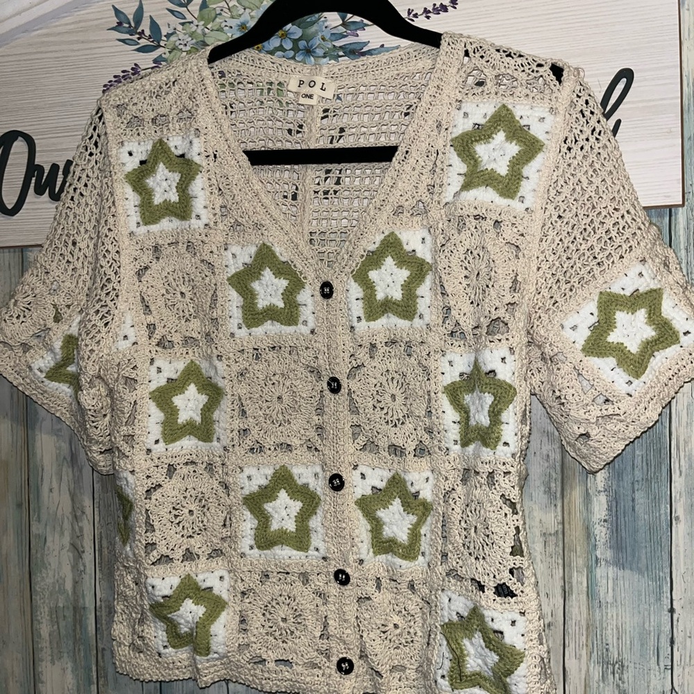 POL Button Up Crochet Star Pattern Top - image 6